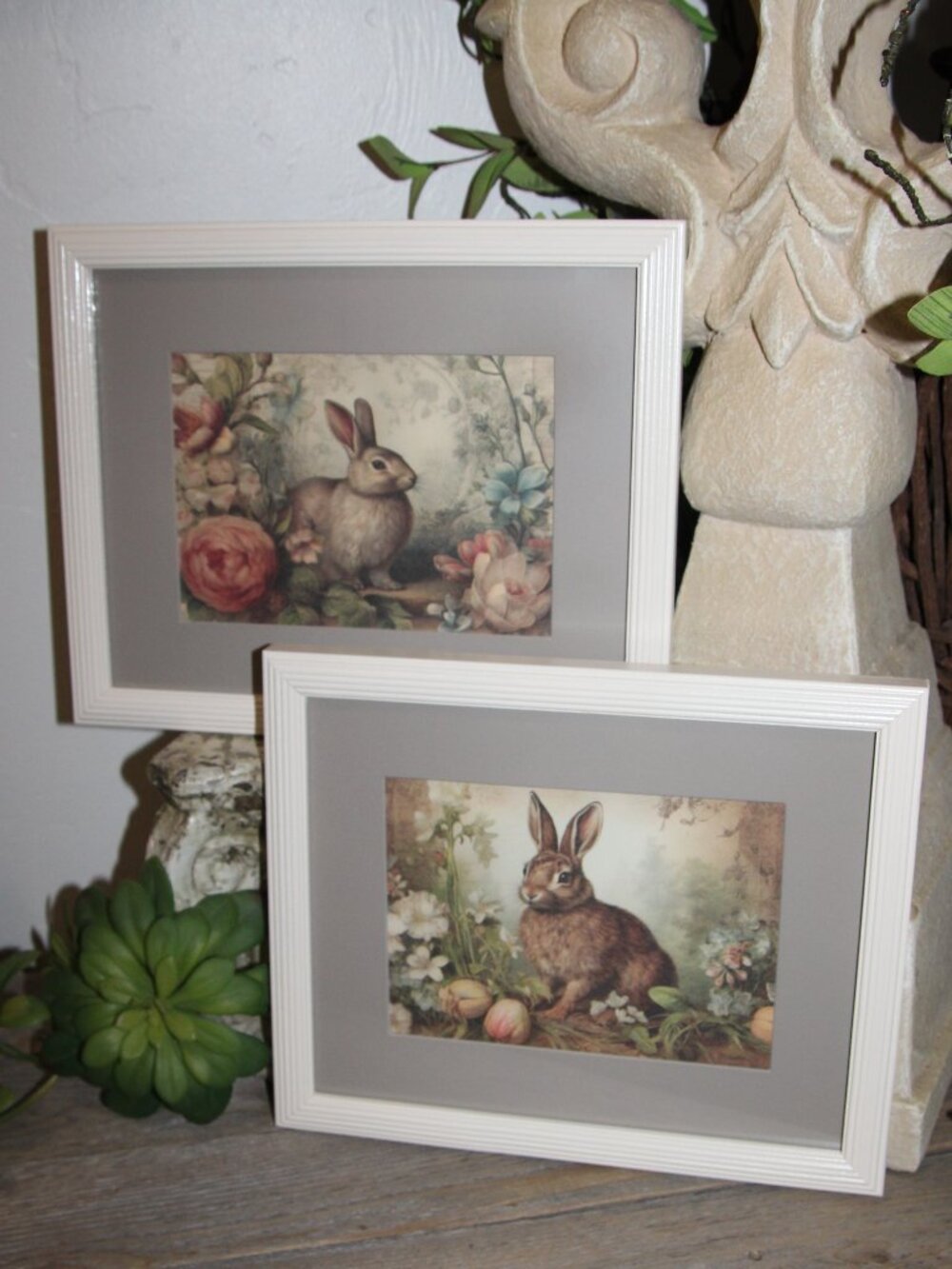 Pair of Shabby French Country Cottage Bunny Rabbit Framed Wall Decor Pictures
